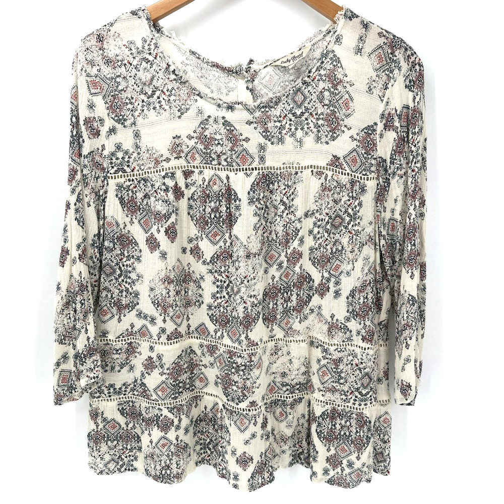 Lucky Brand Blouse Womens Large Button Up Back Raw Neck Hem Crochet Detail Boho
